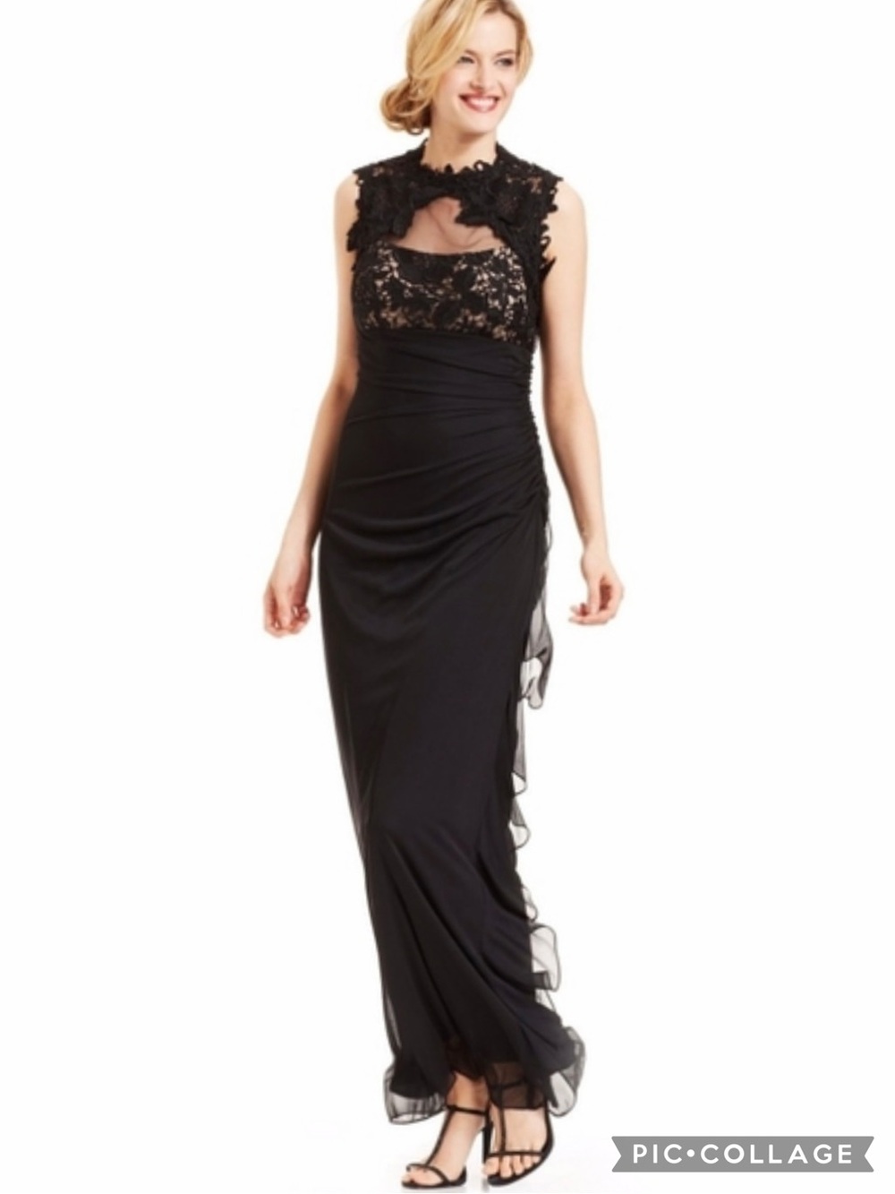 Betsy & Adam Black Lace Illusion High Neck Ruched Evening Gown Dress 6
